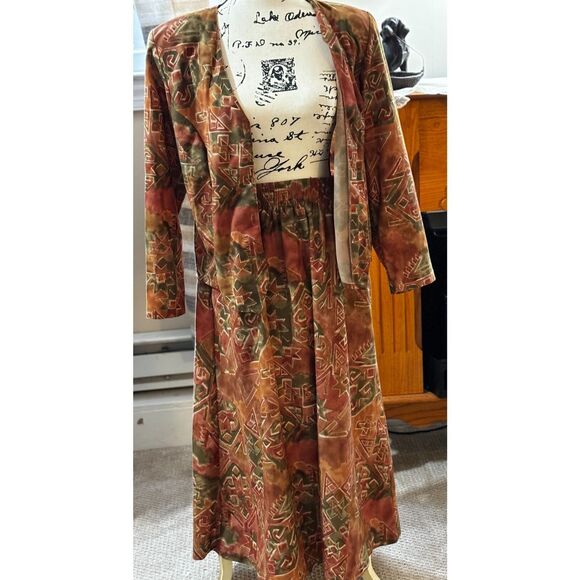 Vtg 80's Orange-Brn, Multi Color Geometric Print 2 Pc Top Size L n Skirt Size 14 - Picture 3 of 7